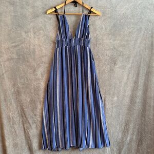 Band of Gypsies Maxi Dress Medium Smocked Boho Blue Stripe Summer Festival Flowy